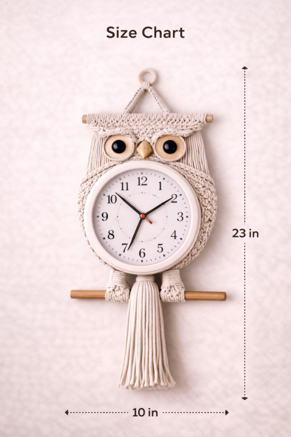 handmade macrame owl wall clock 8 inch boho decor off white stone mustard color