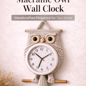 handmade macrame owl wall clock 8 inch boho decor off white stone mustard color