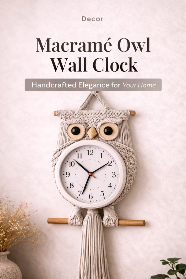 handmade macrame owl wall clock 8 inch boho decor off white stone mustard color