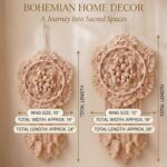 Handmade off white and peach macrame dream catcher wall hanging in 10 and 12 inch sizes with tassels in boho home decor setting