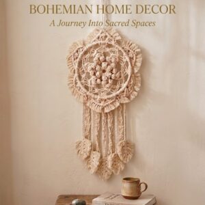 Handmade off white and peach macrame dream catcher wall hanging in 10 and 12 inch sizes with tassels in boho home decor setting