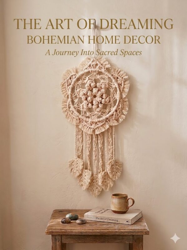 Handmade off white and peach macrame dream catcher wall hanging in 10 and 12 inch sizes with tassels in boho home decor setting