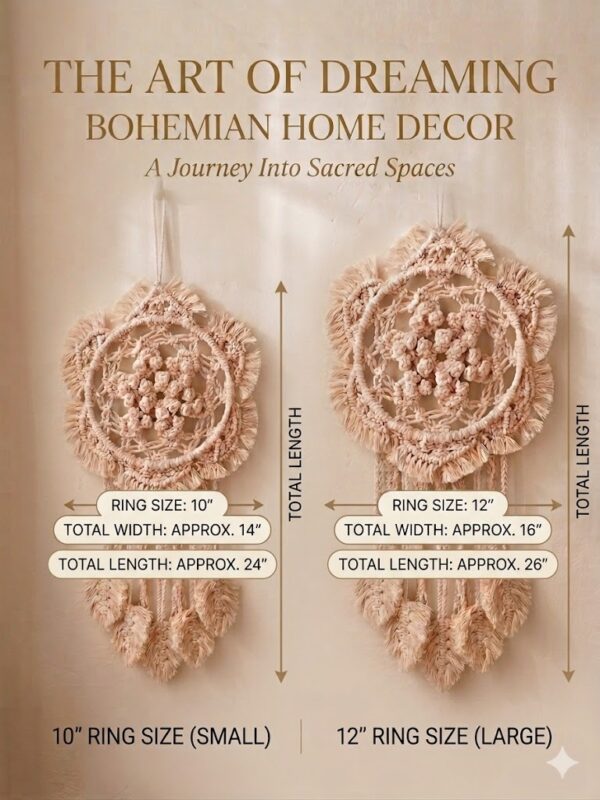 Handmade off white and peach macrame dream catcher wall hanging in 10 and 12 inch sizes with tassels in boho home decor setting