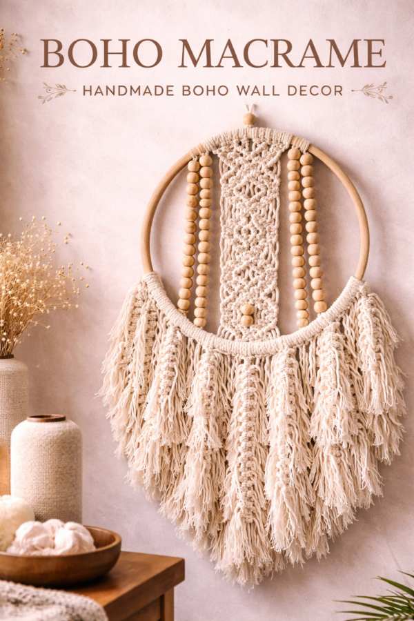 Handmade pink and offwhite macrame dream catcher with tassels in boho home decor setting (8 inch ring, 18 inch length)