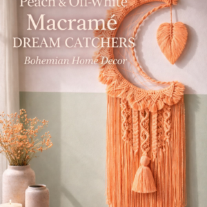 Handmade peach and off white macrame dream catcher wall hanging with tassels in boho home decor setting near window