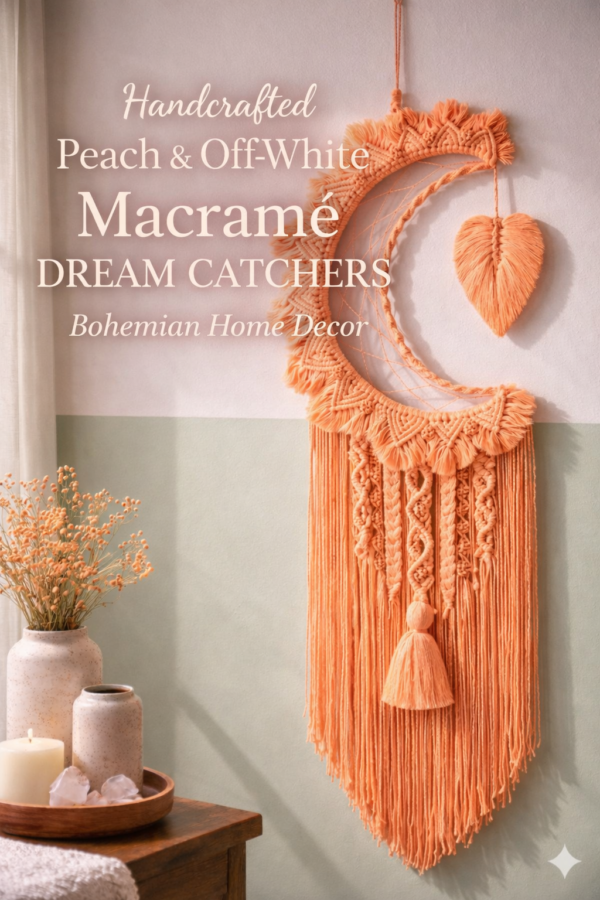 Handmade peach and off white macrame dream catcher wall hanging with tassels in boho home decor setting near window