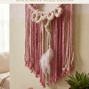 Handmade pink & beige macramé dream catcher with feather detail—perfect boho decor for cozy and aesthetic interiors.
