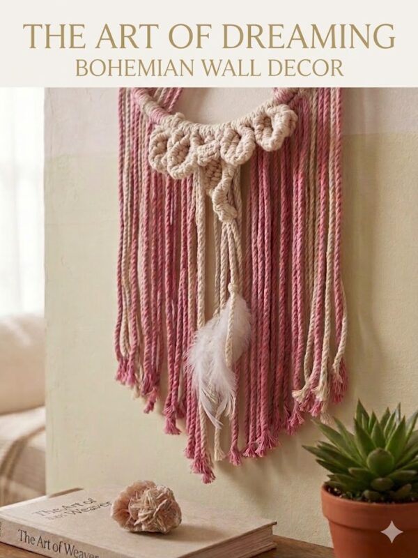 Handmade pink & beige macramé dream catcher with feather detail—perfect boho decor for cozy and aesthetic interiors.