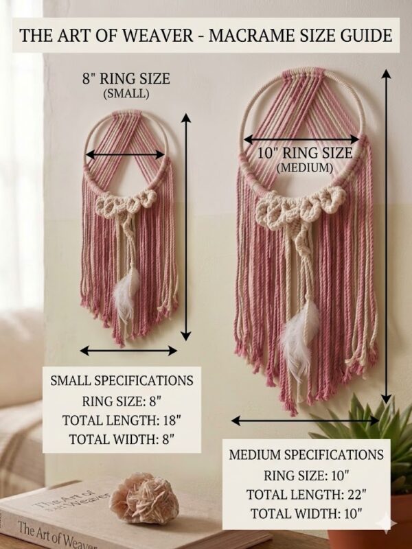 Handmade pink & beige macramé wall hanging with feather detail—perfect boho decor for cozy and aesthetic interiors.