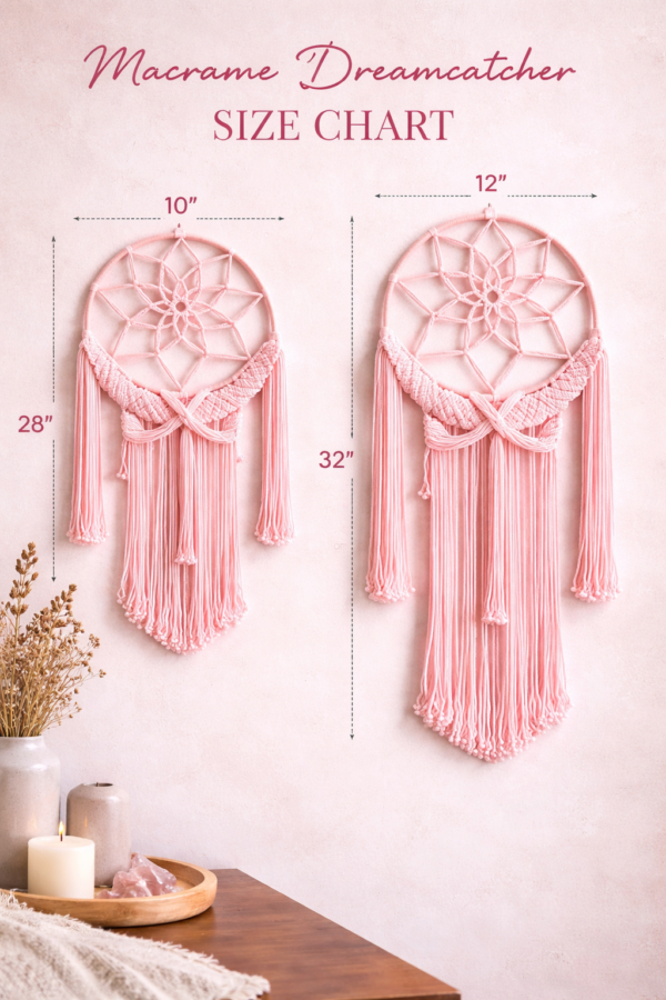 Handmade pink and off white macrame dream catcher wall hanging with tassels in boho home decor setting