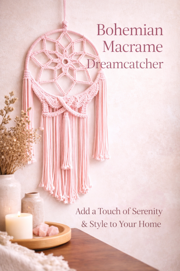 Handmade off white & pink macrame dream catcher wall hanging with tassels in boho home decor setting