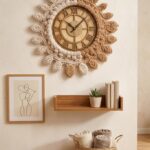 sunburst macrame wall clock beige off white 16x16