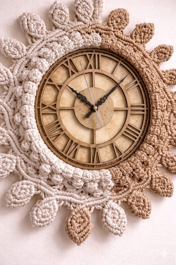 sunburst macrame wall clock beige off white 16x16