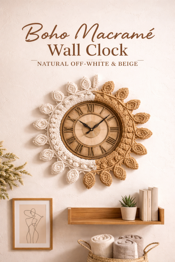 sunburst macrame wallclock beige off white 16x16