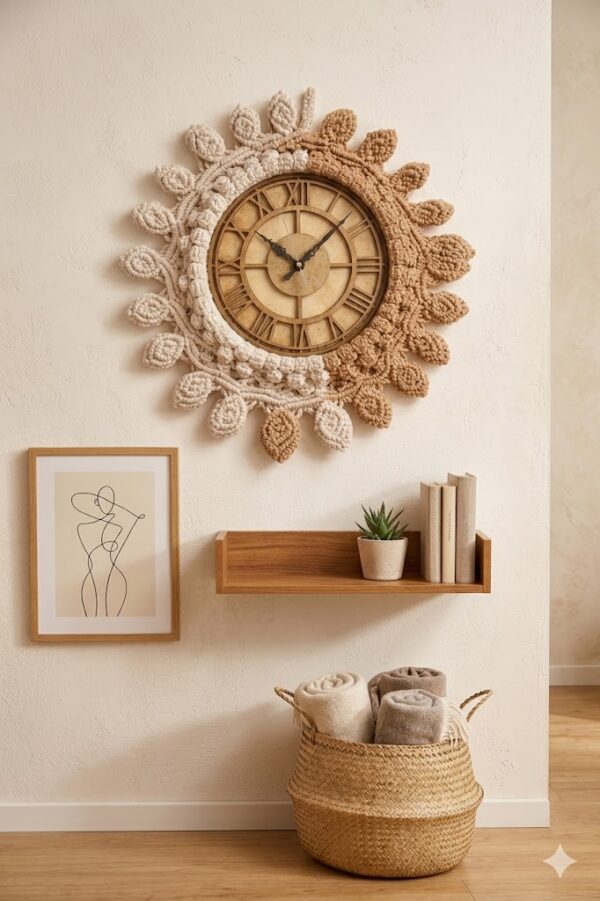 sunburst macrame wall clock beige off white 16x16