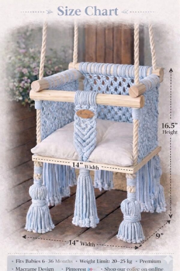 Handmade macrame baby swing light blue with cushion