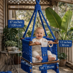 Handmade macrame baby swing blue & off-white with wooden seat and baby sitting