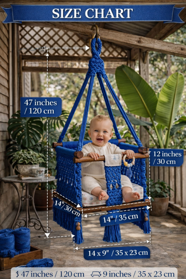 Handmade macrame baby swing blue & off-white with wooden seat and baby sitting