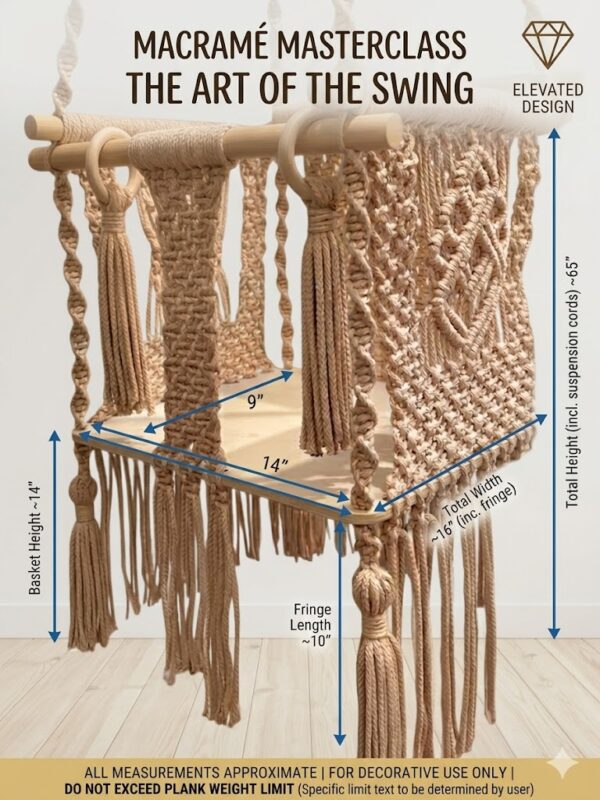 Handmade macrame baby swing in light blue and beige with wooden base and tassels