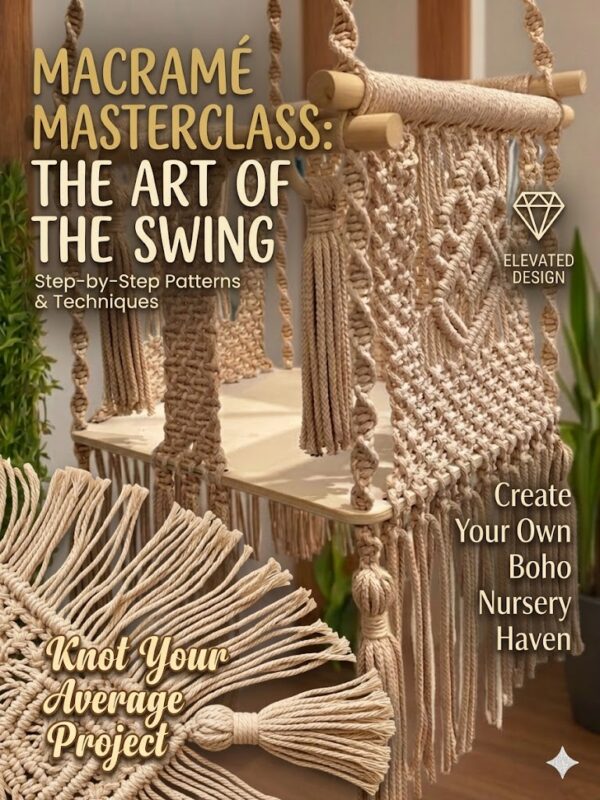 Handmade macrame baby swing blue & beige with wooden base and tassels