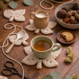 handmade leaf macrame coasters off white cotton on wooden table aesthetic boho decor