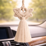 Handmade macrame angel wall hanging in beige cotton cord with tassel and wooden bead, boho spiritual decor