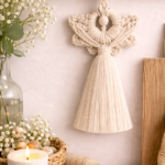 Handmade macrame angel wall hanging in beige cotton cord with tassel and wooden bead, boho spiritual decor