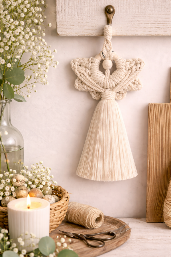 Handmade macrame angel wall hanging in beige cotton cord with tassel and wooden bead, boho spiritual decor