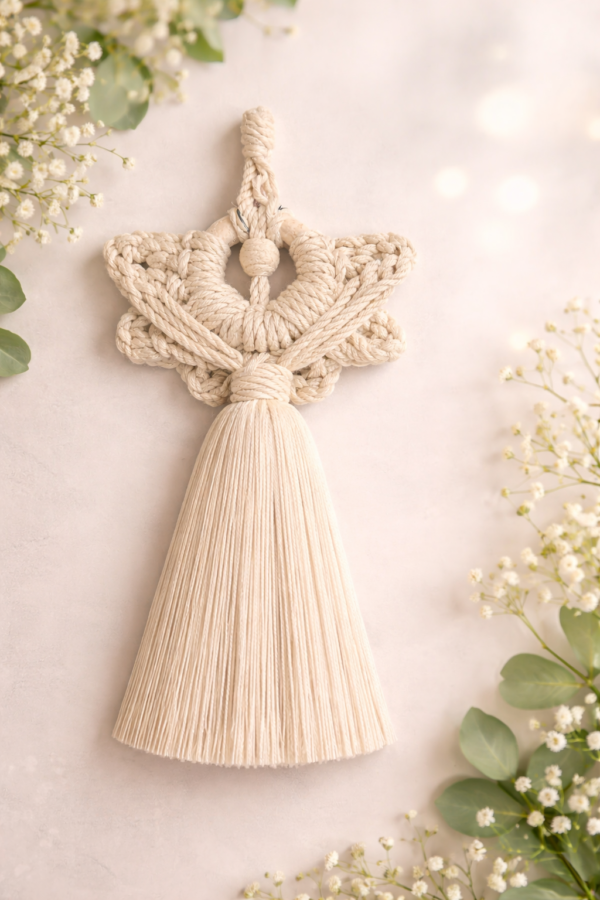 Handmade macrame angel wall hanging in beige cotton cord with tassel and wooden bead, boho spiritual decor