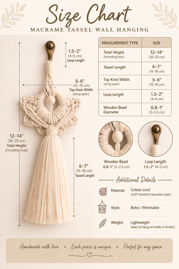 Handmade macrame angel wall hanging in beige cotton cord with tassel and wooden bead, boho spiritual decor