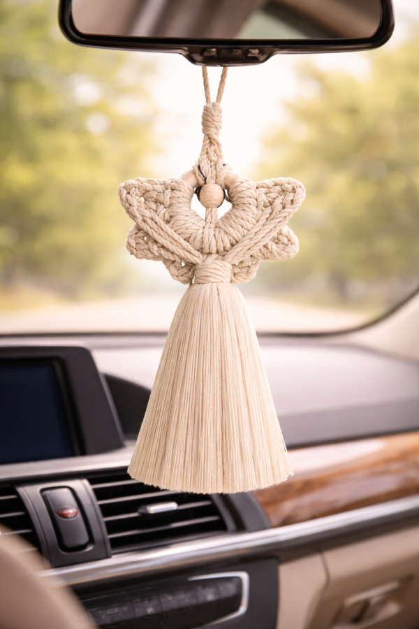 Handmade macrame angel wall hanging in beige cotton cord with tassel and wooden bead, boho spiritual decor