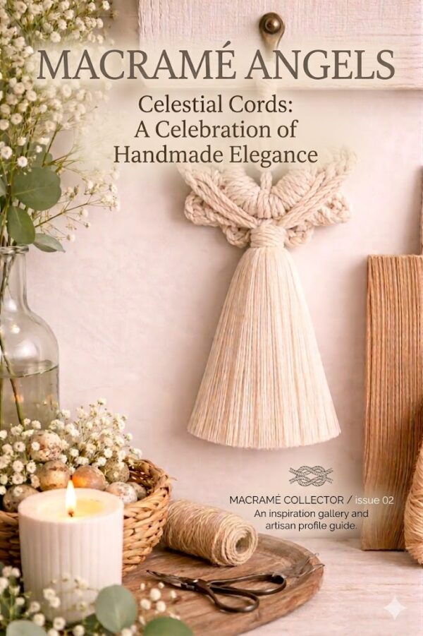 Handmade macrame angel wall-car hanging in beige cotton cord with tassel and wooden bead, boho spiritual decor