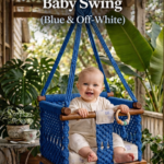 Handmade macrame baby swing blue & off-white with wooden seat and baby sitting