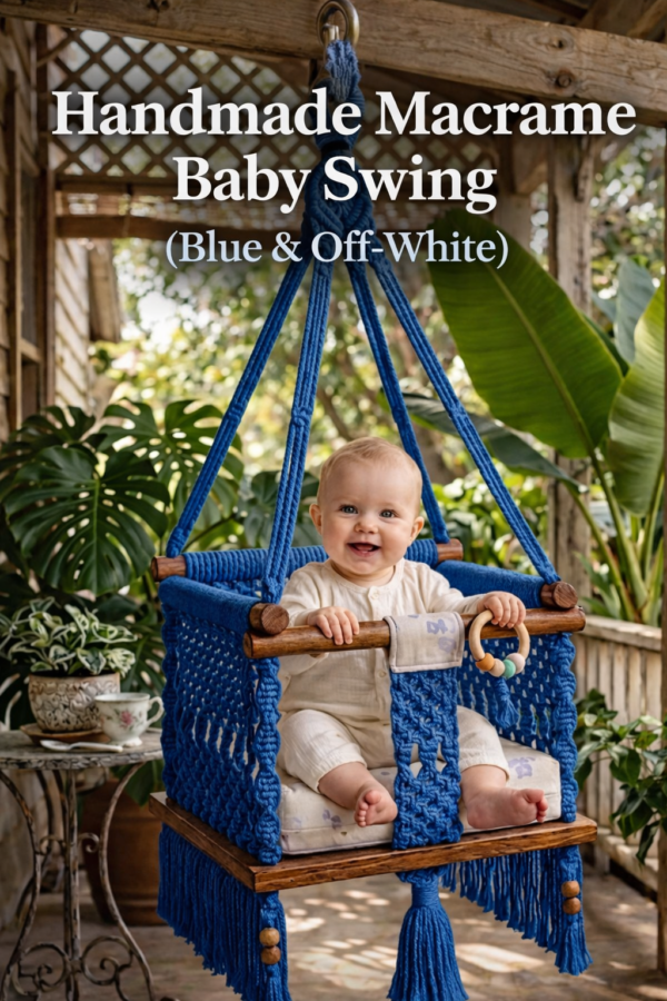 Handmade macrame baby swing blue & off-white with wooden seat and baby sitting