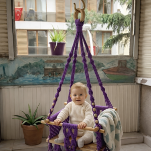 Purple macrame baby swing chair with cushion