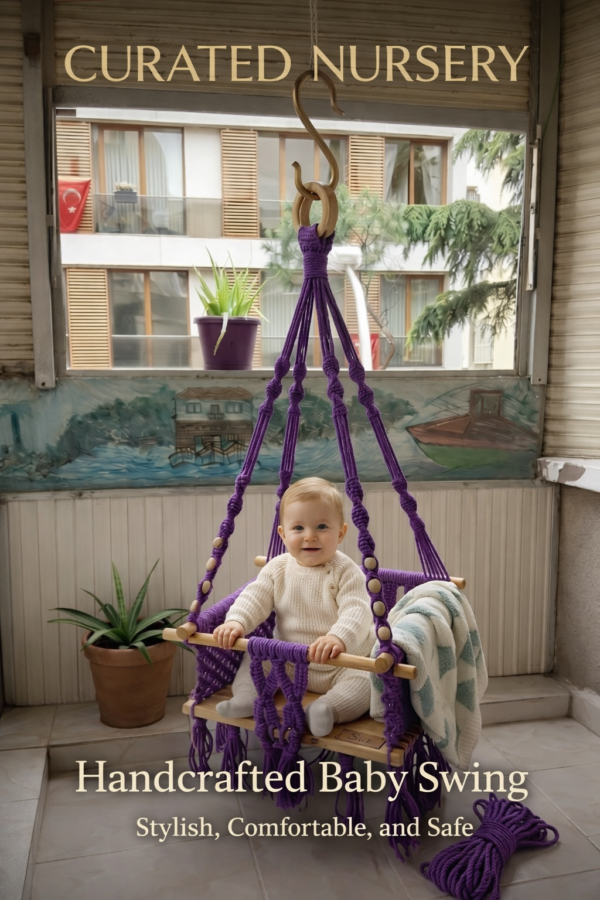 Purple macrame baby swing chair with cushion