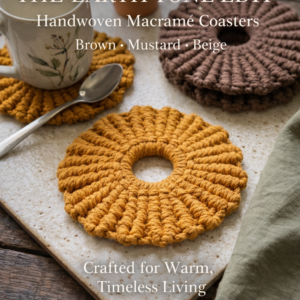 handmade macrame coaster beige rust brown mustard cotton boho round drink coaster