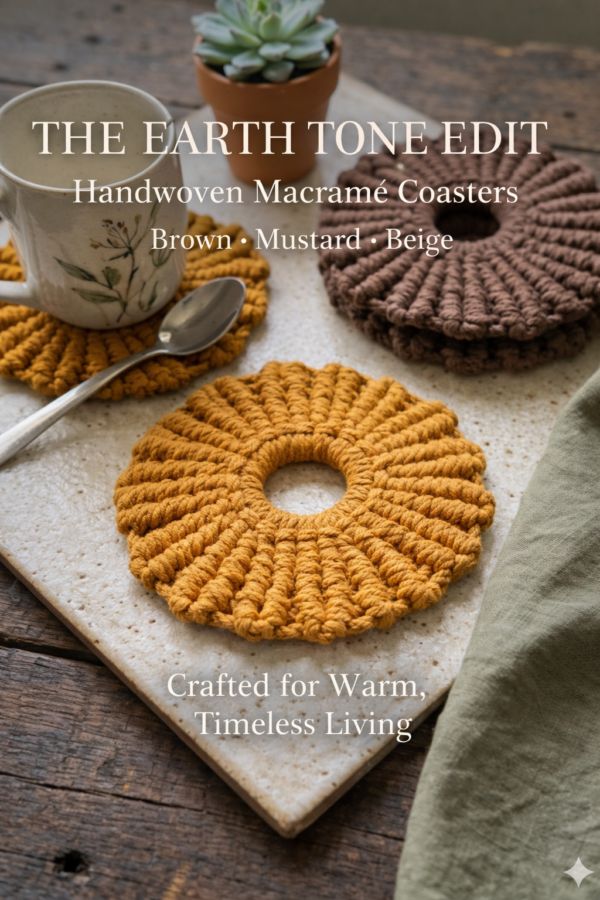 handmade macrame coaster beige rust brown mustard cotton boho round drink coaster