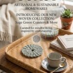 handmade macrame coasters under coffee mug on wooden tray lifestyle image