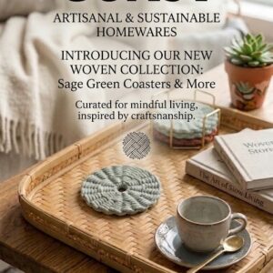 handmade macrame coasters under coffee mug on wooden tray lifestyle image