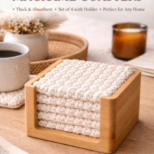 handmade macrame coasters set with wooden holder off white cotton boho drink coasters