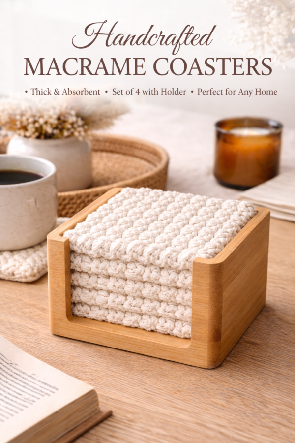 handmade macrame coasters set with wooden holder off white cotton boho drink coasters
