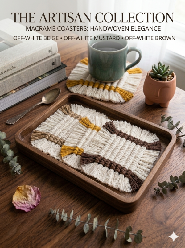 Handwoven macramé coasters in beige mustard and brown placed on wooden tray with mug