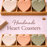 Handmade macrame heart coasters set in off white peach and sage green in wooden tray