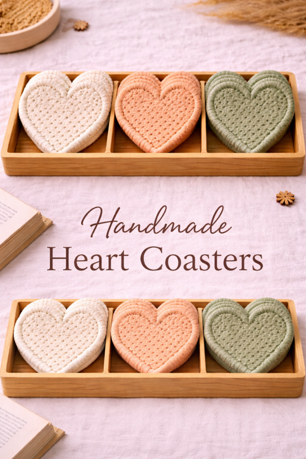 Handmade macrame heart coasters set in off white peach and sage green in wooden tray