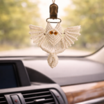 Handmade macrame owl keychain with bead eyes boho bag charm
