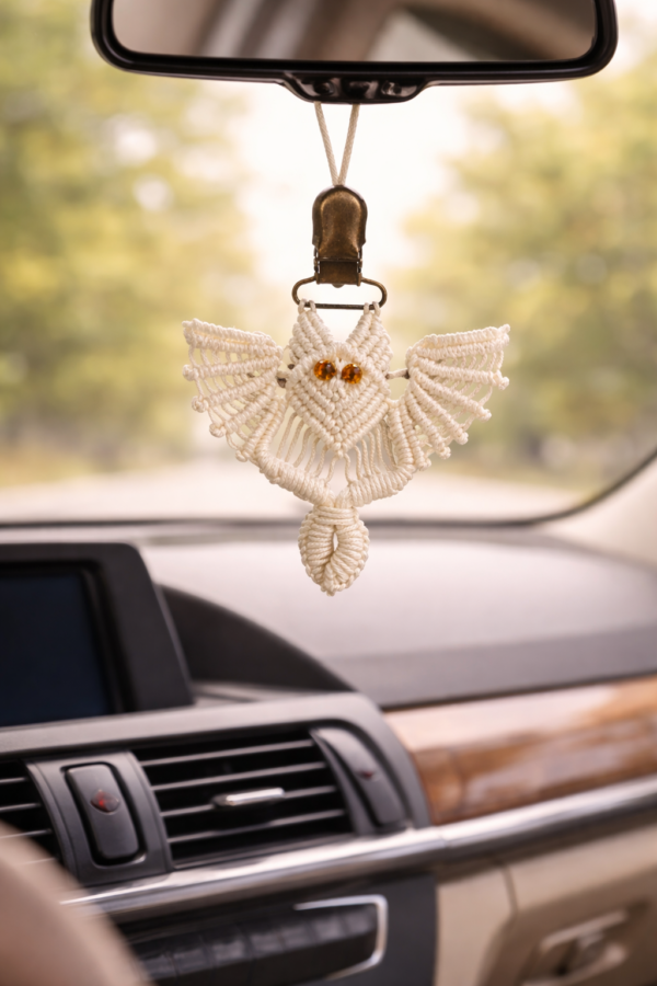 Handmade macrame owl keychain with bead eyes boho bag charm