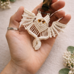 Handmade macrame owl keychain with bead eyes boho bag charm
