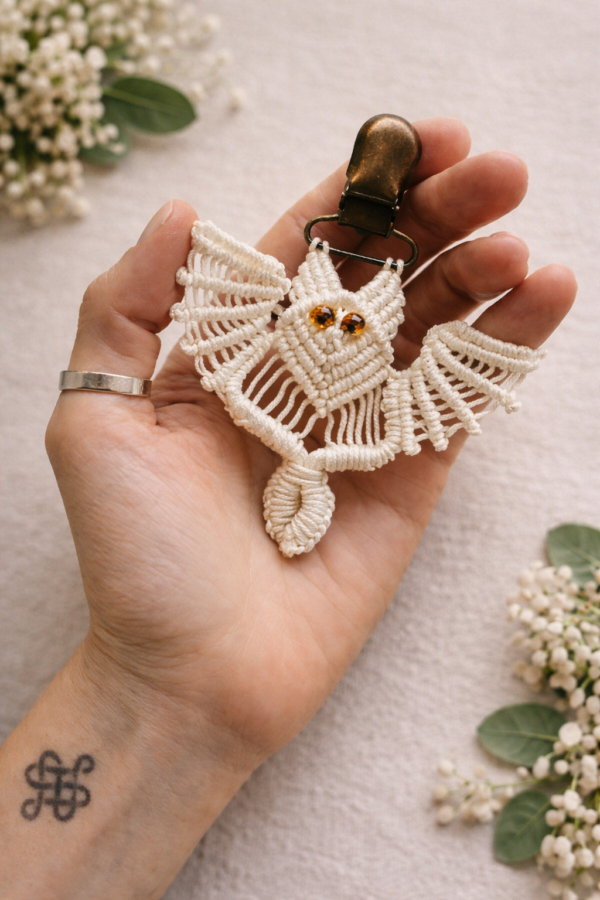 Handmade macrame owl keychain with bead eyes boho bag charm