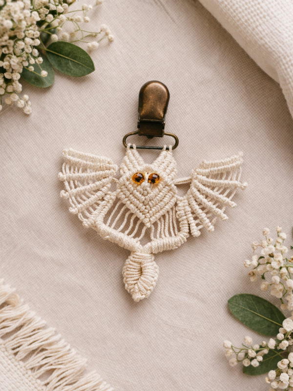 Handmade macrame owl keychain with bead eyes boho bag charm